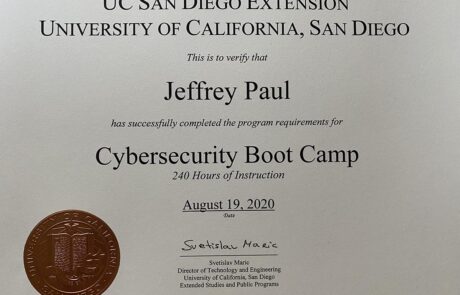 Jeffrey Paul – UCSD Cybersecurity Bootcamp Completion Certificate